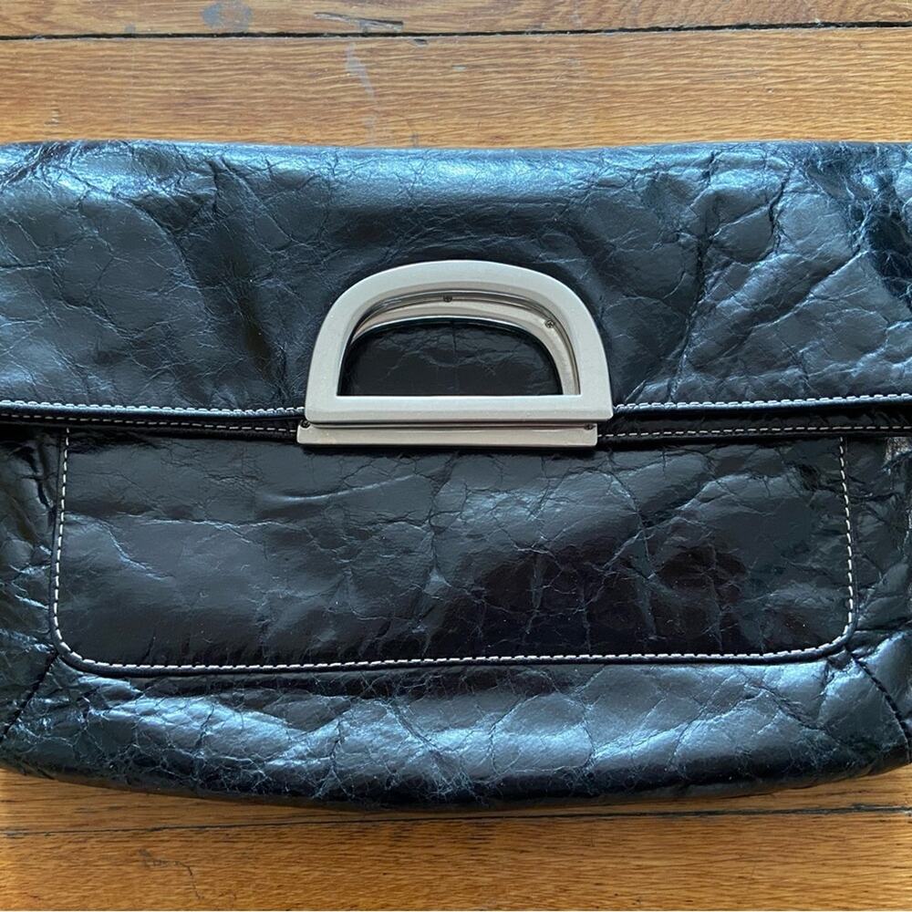 TOMMY HILFIGER Black Crinkled Leather Clutch/Tote Bag